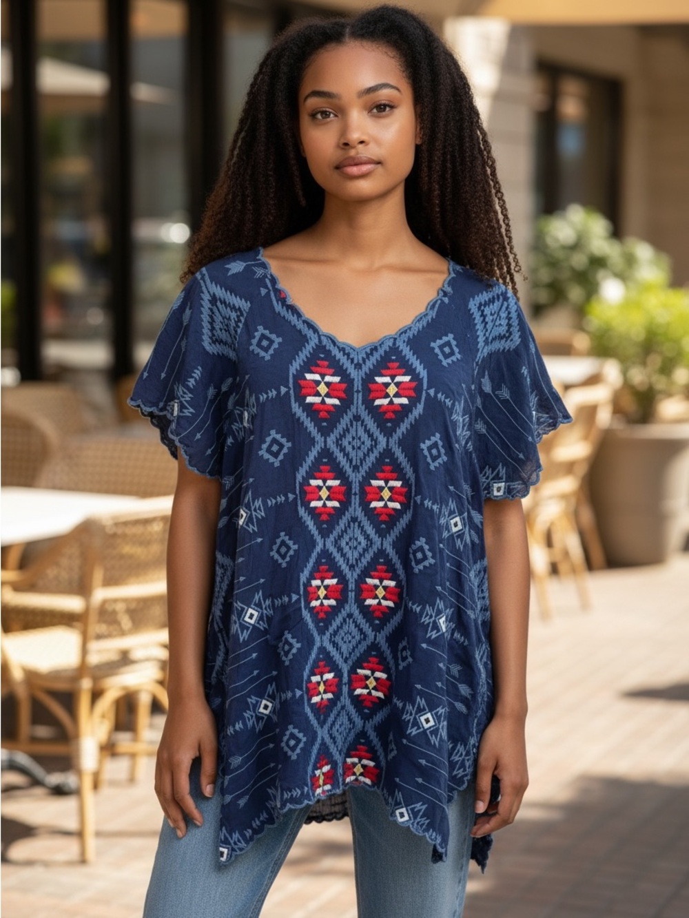 Johnny Was Navy Blue Embroidered V-Neck Tunic with Red Accents